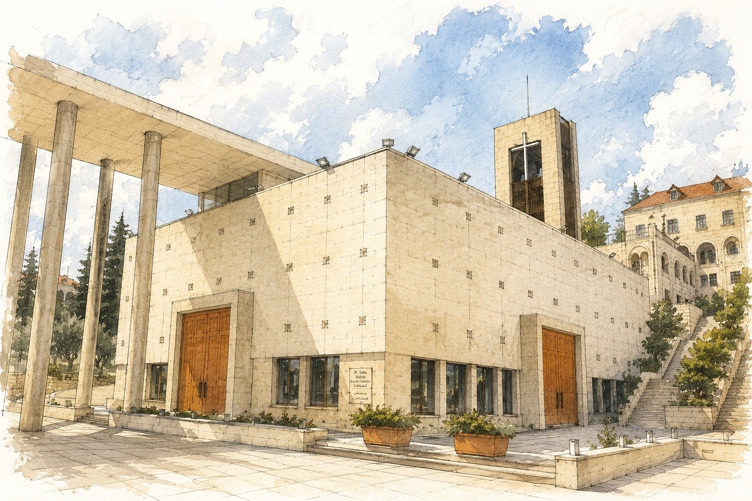 Watercolour illustration of Mar Maroun church in Ksara, with stone columns and a bell tower under a soft sky