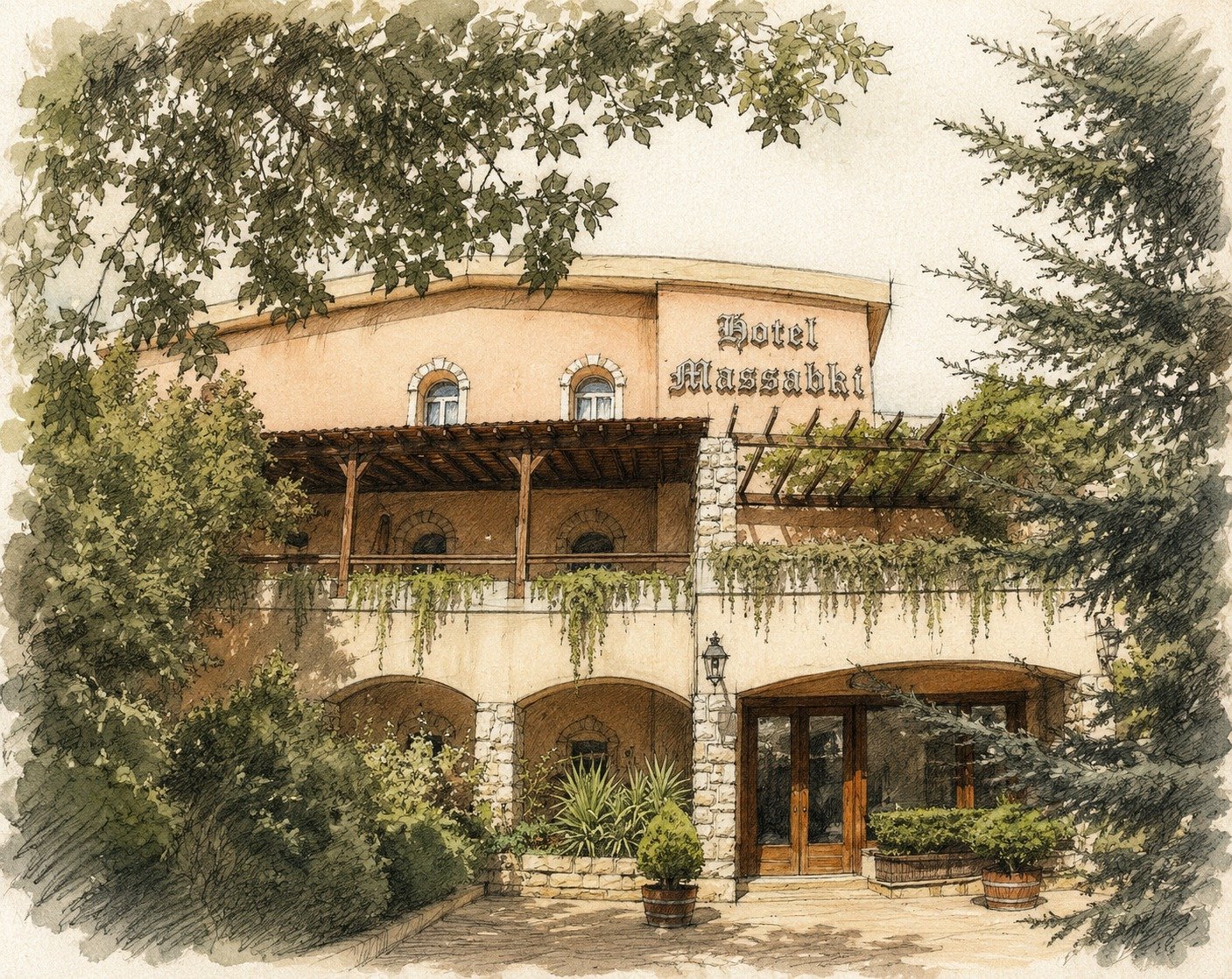 Watercolour illustration of Hotel Massabki in Chtaura, a warm stone building draped in vines, framed by tall trees