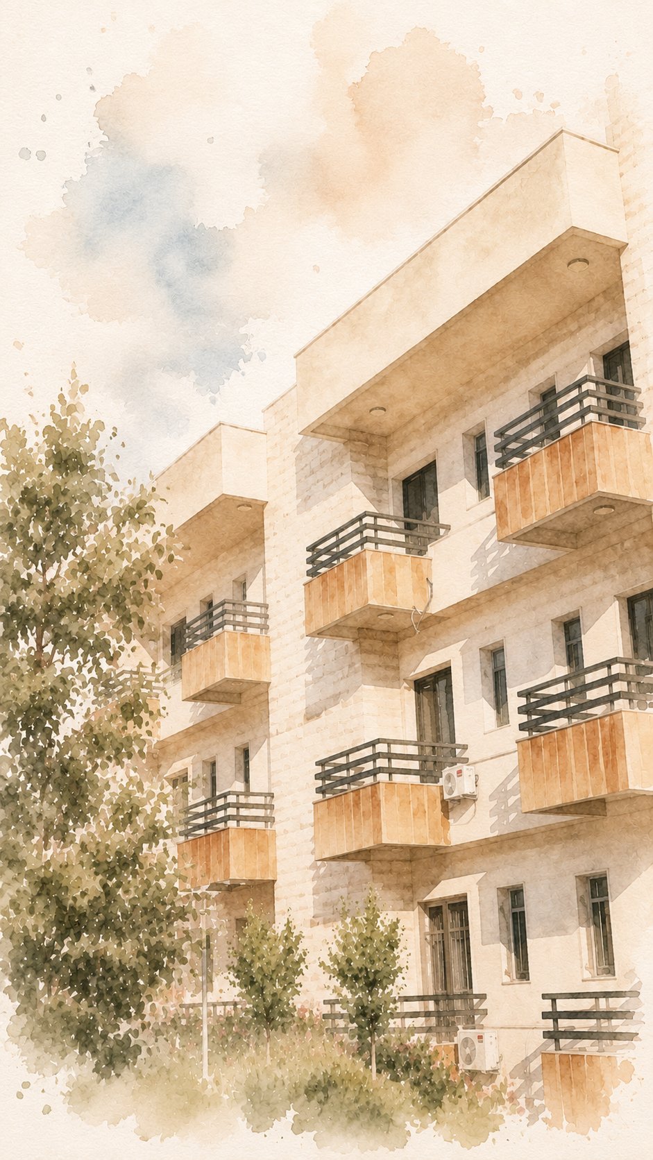 Watercolour illustration of St Paul Guesthouse, a stone building with wooden balconies among trees